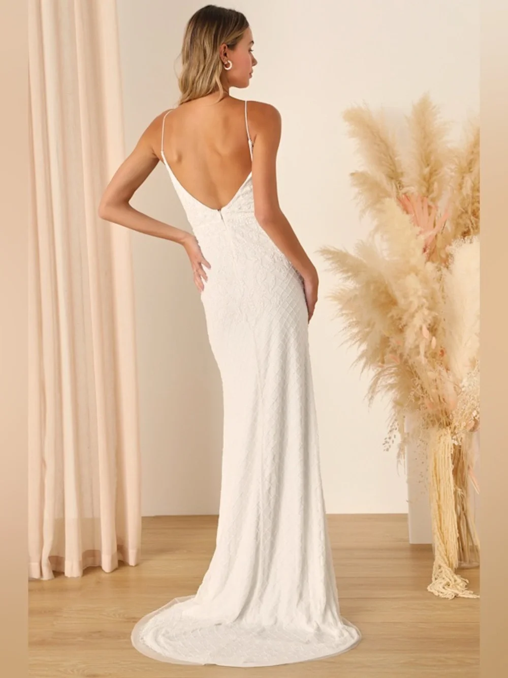 LULU'S Cherished Vow White Beaded Backless Mermaid Maxi Dress